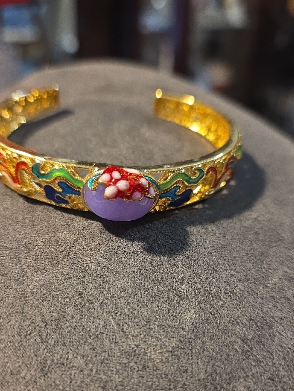 Gold-Tone Purple Jade Stone Cloisonné Bangle Bracelet